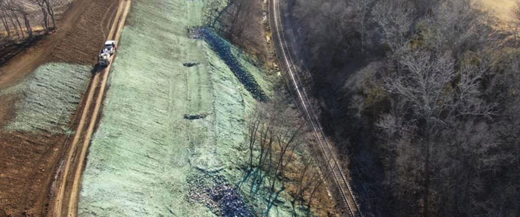 Arial photo of hydroseeding of railroad right of way